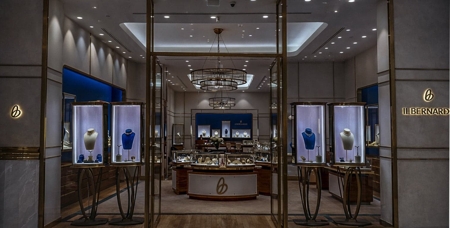 Il Bernardo boutique interior, lit display cases