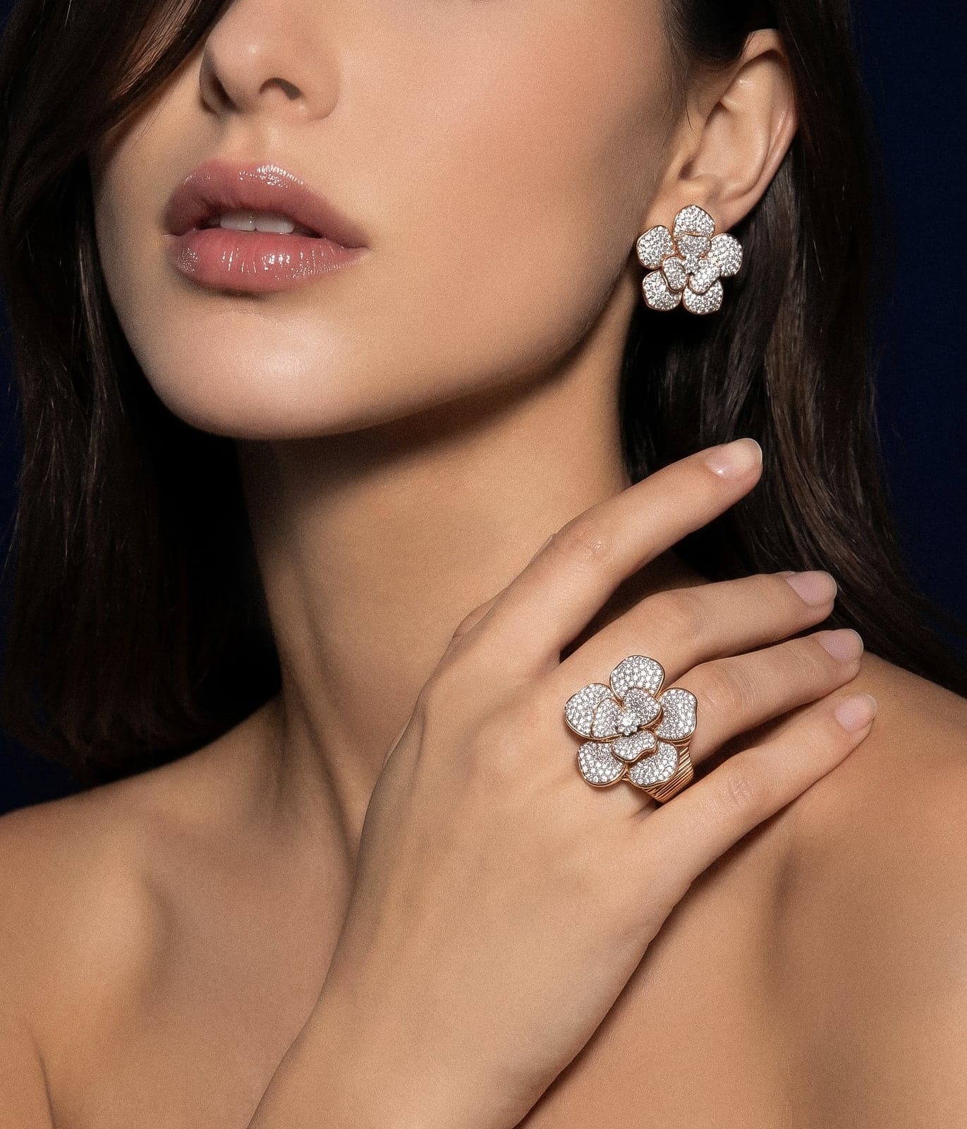 La Rosina Classica rose gold flower earrings and ring, worn